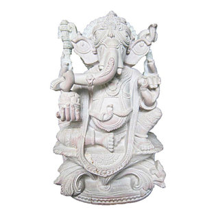 Mogul Interior - Consigned Meditation Sculpture Lord Ganesha Gorara Stone Statue - Lord Ganesha standing stone statue is hand crafted with stone standing in seating position.