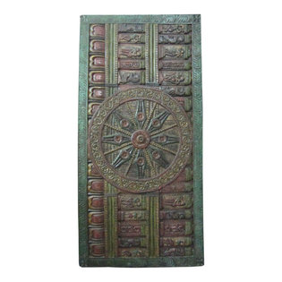 Mogul Inteior - Consigned Indian Sun Temple Konark Wheel Door Panels 72" X 36" - Sun Temple Konark-wheel hand carved wall panel from India.