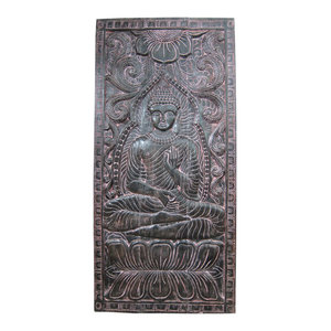 Mogul Interior - Hand Carved Wood Wall Decor Buddha Teaching Vitarka Mudra Meditation Door Panel - The Buddha seated on double lotus base hand carved door panel from India.