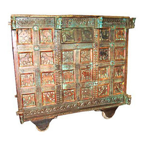 Mogul Interior - Consigned Indian Bar Chest On Wheels Console Sideboard Damchiya Buffets - Jaipur style buffet sideboard Manjoosh. Beautifully hand crafted and made of teak an 18th century chest on wheels.