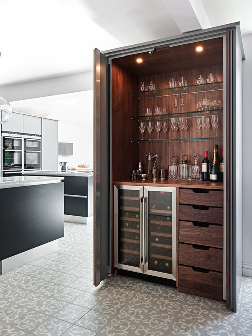 dark kitchen shelves with mild floors