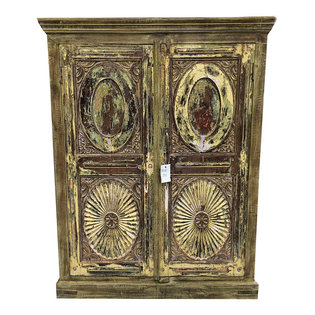 Mogul Interior - Consigned Rustic Chest Storage Hand Carved Reclaimed Teak Wood - A true rustic cabinet from a village just outside of Rajasthan, India.