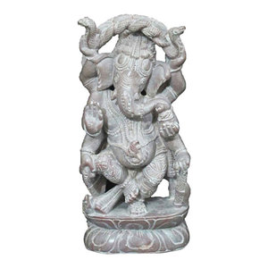 Mogul Interior - Consigned Lord Ganesha Good Luck Statue Yoga Art India Sculpture 6 Inches - Elegant Lord Ganesha in dancing posture stone statue. In this statue Ganesha with his six arms holds mace, mala, snake and bowl of sweets and giving blesses.