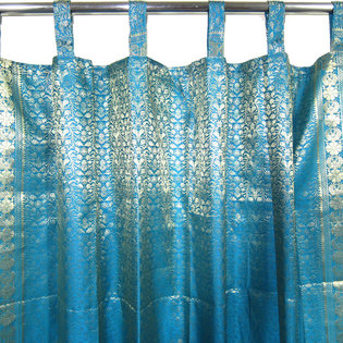 Mogul Interior - 2 Indian Curtains Blue Golden Sari Border Brocade Sari Drapes Window Treatments - Brocade Silk blend curtains actually gives a great impact to get the luxurious look of a room design.