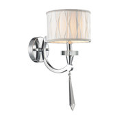 Modern 1-Light Arm Chrome Clear Crystal Wall Sconce Light White Fabric Shade