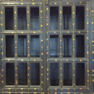 Mogul Interior - Consigned Solid Reclaimed Bookshelf, Ox Cart Brass Overlay Indian Furniture - Bookcase that was salvaged from the Havelis of Rajasthan with a warm rustic patina that defines character and age.