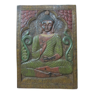 Mogul Interior - Consigned Buddha Wall Hanging Panel  Green Patina Wood 36 X 48 - The Buddha seated on floral base hand carved colorful door panel from India.