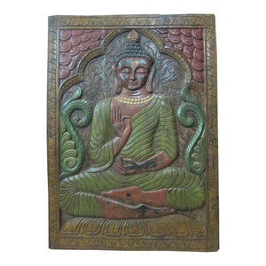 Mogul Interior - Consigned Buddha Wall Hanging Panel  Green Patina Wood 36 X 48 - The Buddha seated on floral base hand carved colorful door panel from India.