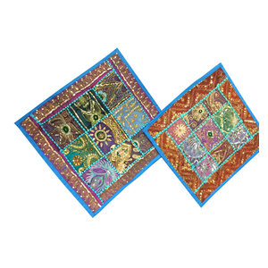 2 Azure Blue Decorative Pillow Cushion Covers - Decorate your bedding bedroom textures and patterns to a interior with our beautifully handmade beaded embroidered patchwork pillow cushion covers.