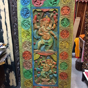 Wood Carved Door Panels Indian Inspired Colorful Dancing GaneshaPanel - 