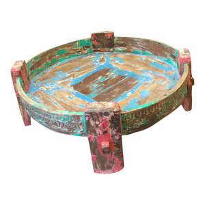 Mogulinterior - Consigned Antique Distressed Hand-Carved Wood Chakki Table - Console Tables