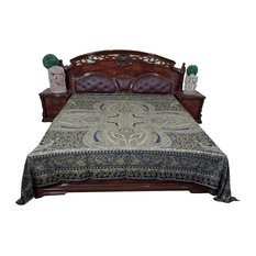Mogul Interior - Pashmina Blanket Throw Blue Jamawar Cashmere Bedspreads - Gorgeous & intricate ethnic medium Navy Blue reversible warm jamavar wool Indian bedspread bed cover in exquisite huge swirling floral paisley motifs from India.