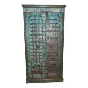 Mogul Interior - Consigned Antique Hand-Carved Teal Rustic Reclaimed Wood Bedroom Armoire - Armoires And Wardrobes
