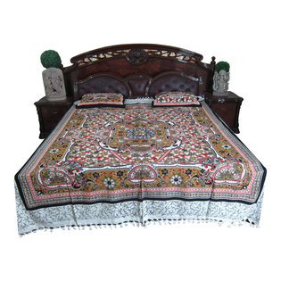 Mogul Interior - 3p Indi Bedspread Ethnic Mandala Bedding Bedcover Bedroom Decor Bedding - Authentic hand block printed, hand loomed cotton bedspreads.Variation and color runs are an inherent part of the hand crafting process.
