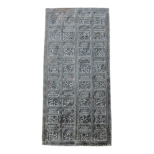 Mogul Interior - Antique Carving Indian Wall Panels Tribal Hand Carved Door Panel - Beautiful carving of huts and tribal peoples are doing their work carving door panel.