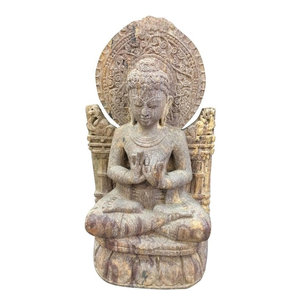 Mogul Interior - Garden Buddha Statue Dharmachakra Buddha Sculpture - Hand Carved Sand stone Buddha statue is in the dharmachakra mudra which is the hand position he took for his first sermon after his Enlightenment.