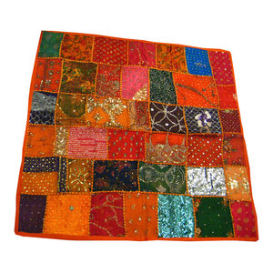 Mogul Interior - Consigned Sari Tapestry Indian Wall Hanging Orange Table Runner - Add royalty and beauty to your home with this hand embroidered, multi-toned patchwork table cloth.