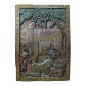 Mogul Interior - Consigned Wall Decor Panel Child Lord Krishna Decor Reclaimed Multicolor Patina - Hand carved wall panels of knahaiya Playing with his cow carving door from India.