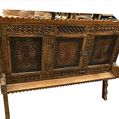 Mogul Interior - Consigned India Furniture Console Sideboard Classic Vastu Chakra Buffets - Brown patina manjoosh, deeply hand carved Kamasutra designs, wooden sideboard chest.