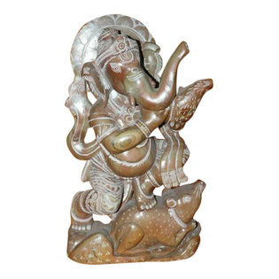 Mogul Interior - Consigned Yoga Decor Ganesh Stone Statue Dancing Ganesha Spiritual Stone Statue - Lord Ganesha Blowing Counch Stone Statue 8 Inch from India
