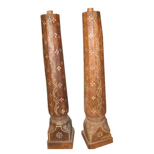Mogul Interior - Consigned Architectural Pillar Columns Columns Of Bone-Inlaid Wooden, Set Of 2 - Beautifully bone-inlaid a pair of wooden columns.