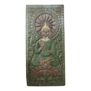 Mogul Interior - Consigned Indian Wall Panel Buddha In Dharma Chakra Mudra Green Patina 72" X 36" - The Buddha seated on double lotus base hand carved colorful wall panel from India.