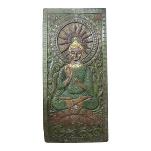 Mogul Interior - Consigned Indian Wall Panel Buddha In Dharma Chakra Mudra Green Patina 72" X 36" - The Buddha seated on double lotus base hand carved colorful wall panel from India.