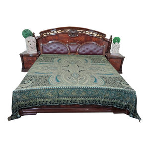 Mogul Interior - Indian Pashmina Bedspread Reversible Wool Bedding - Gorgeous & intricate ethnic medium teal blue reversible warm jamavar wool Indian bedspread bed cover in exquisite huge swirling floral paisley motifs from India.