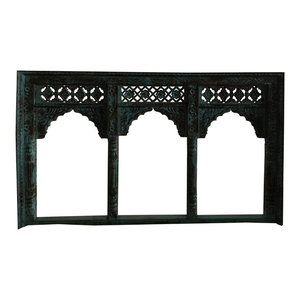 Mogul Interior - Consigned Antique Teak Arch Floral hand Carved Haveli Wooden Blu Frame - The arch comes from India and are a 19 century vintage pieces.