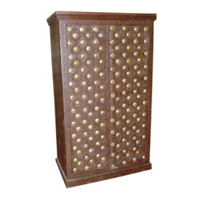 Mogul interior - Consigned Handmade Brass Rustic Wood Indian Armoire - This gorgeous rustic piece was really worn out when it came into our shop. We distressed and hand-worked it.