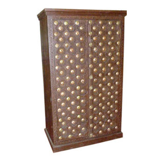 Mogul interior - Consigned Handmade Brass Rustic Wood Indian Armoire - This gorgeous rustic piece was really worn out when it came into our shop. We distressed and hand-worked it.