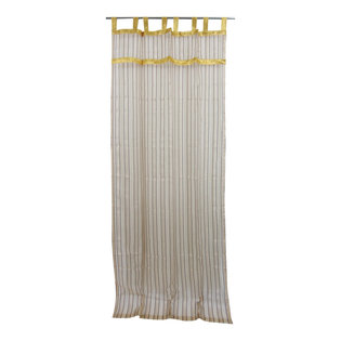 Mogul Interior - 2 Indian Curtains Beige Sari Drapes Golden Border Window Drapes, 48x108" - Vibrant & stunning decor with golden lace border organza sari curtains, add delicate sheer style to your windows.