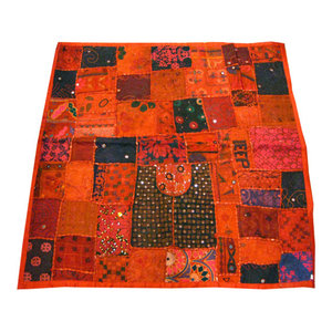 Mogulinterior - Handmade Banjara Vintage Style Tapestry Orange Patchwork Wall Hanging Throw - Red Orange, Yellow and gold thread work , the colors of the tapestry scintillate you visually and add a dramatic statement to your decor.