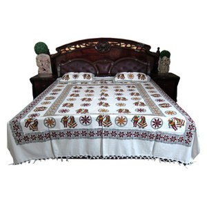 Bed Room Decor Ideas - This bedspread set comes to you from India.Elegant blue beige white floral printed white base handloom cotton bedspread.