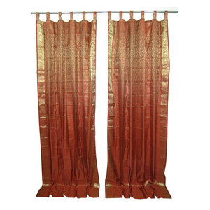 Mogul Interior - 2 India Curtains Rust Gold Brocade Silk Sari Curtains Floral Drapes Window Dress - Brocade SARI Silk blends