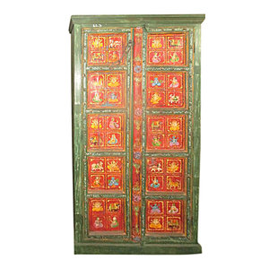 Mogul Inteior - Ganesha cabinet Antique Reclaimed Indian Painting Jodhpur Green Red Armoire - Armoires And Wardrobes