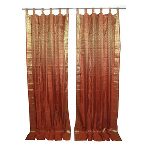 mogulinterior - 2 India Curtains Rust Golden Brocade Silk Sari Drapes Curtain Panels Window Dres - Brocade SARI Silk blends