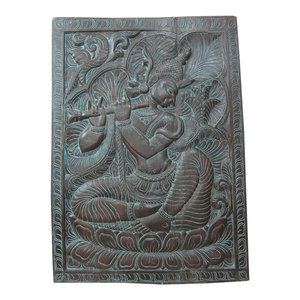 Mogul Interior - Consigned Decorative Panel Lord Krishna With His Flute, Wood Carving Blue Patina - Hand carved wall panels of fluting Krishna seated on the double lotus flower base from India.
