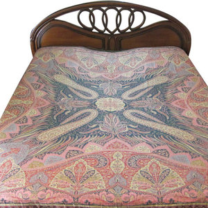 Mogul Interior - Pashmina Bedspreads Indian Bedding Blanket Throw Black Red Paisley Reversible - Gorgeous & intricate KING/QUEEN. Pink, red, Black, Blue, Brown Reversible Warm Jamavar Wool Indian Bedding Bedspread Bed cover in exquisite huge swirling Floral Paisley motifs with designer paisley borders Blanket from India.