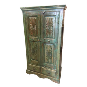 Mogulinterior - Consigned Indian Wood Cabinet Green Patina Armoire Rustic Storag - Rich with culture the cabinet doors belong to the British raj as well as imbibes the rustic charm from old India.The carving on the cabinet door are door from the tradition of vastu culture which is the Indian art of the interior design . This amazing furniture is made of reclaimed shutters and antique elements from Jodhpur, Rajasthan, India!