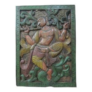 Mogul Interior - Consigned Dancing Krishna Wall Panel Hand Carved Multicolor Patina 36" X 48" - Hand carved wall panels of fluting Krishna dancing door from India.