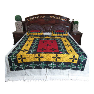 Mogul Interior - Indian Bed Cover Yellow Red Cushion Pillowcases Set Handloom Cotton Bedspread - Authentic hand block printed, hand loomed cotton bedspreads.Variation and color runs are an inherent part of the hand crafting process.