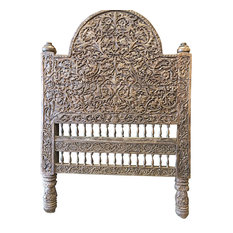 Mogul Interior - Consigned Headboard Floral Hand Carved Rustic Reclaimed Bed Frame - *Beautiful Hand Carving Floral Design wooden Bed frame headboard will accent to any room.