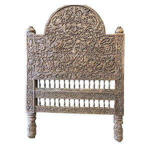Mogul Interior - Consigned Headboard Floral Hand Carved Rustic Reclaimed Bed Frame - *Beautiful Hand Carving Floral Design wooden Bed frame headboard will accent to any room.