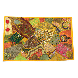 Mogulinterior - Indian Vintage Style Brown Decorative Patchwork Tapestry Wall Hanging - This beautiful and intricately embroidered tapestry in rich captivating colors and an assortment of beads and sequins is a intense piece or workmanship.Hand embroidered patches with floral, paisley and Indian motifs in a gorgeous array of design, add to the allure of our beautiful sari wall hanging.