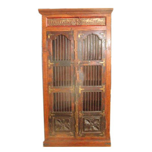 Mogul Interior - Consigned Antique Curio Cabinet India Ganesha Teak Rustic Armoire Hand Carved - The cabinet comes from India and is a 18th century vintage piece.