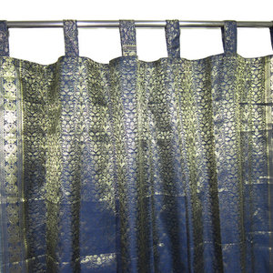 Mogulinterior - 2 Indian Silk Sari Curtains Dark Blue Golden Brocade Saree Drapes Indi Decor - Brocade Silk blend curtains actually gives a great impact to get the luxurious look of a room design.