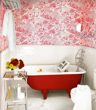 Eclectic Bathroom apartment therapy- red clawfoot tub