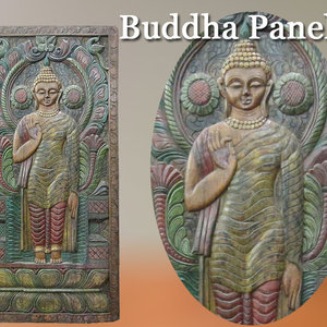 Indian Wood Carving Buddha Door Panels - Beautifully hand carved Lord Buddha is standing on double lotus base, his right is held up in the abhaya mudra and left hand resting on his leg. The Buddha has a yellow lotus shaped finial on the top of his head and he wears a beautiful yellow necklace around the neck.
