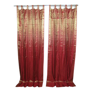 Mogul Interior - 2 India Sari Curtains Dark Red Brocade Silk Saree Drapes Window Treatment - Brocade Silk blend curtains actually gives a great impact to get the luxurious look of a room design.